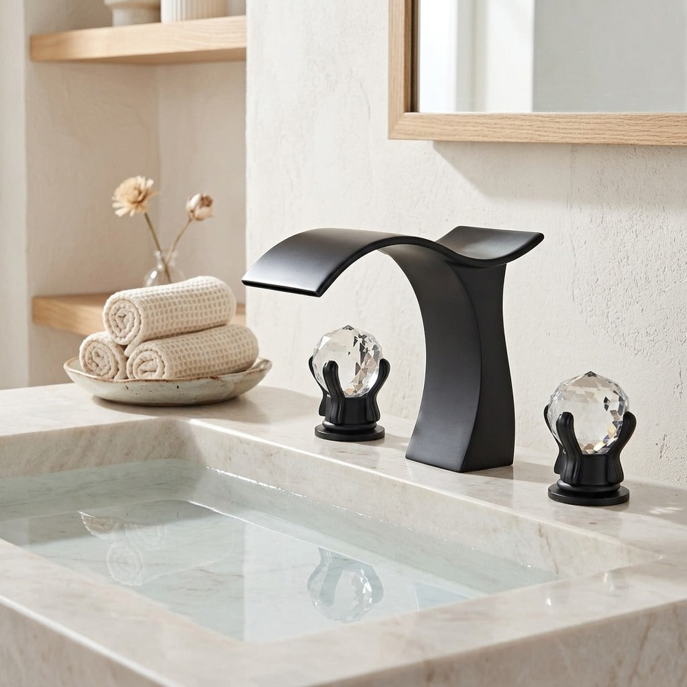 Lagomel waterfall widespread bathroom faucet in matte black, chrome, brushed gold, brushed nickel, gunmetal, pvd, set in a Modern/Contemporary bathroom