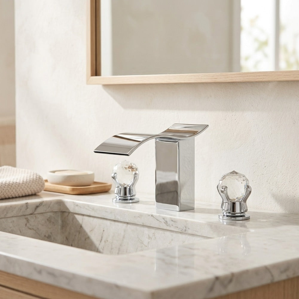 Lagomel waterfall widespread bathroom faucet, set in a Modern/Contemporary bathroom