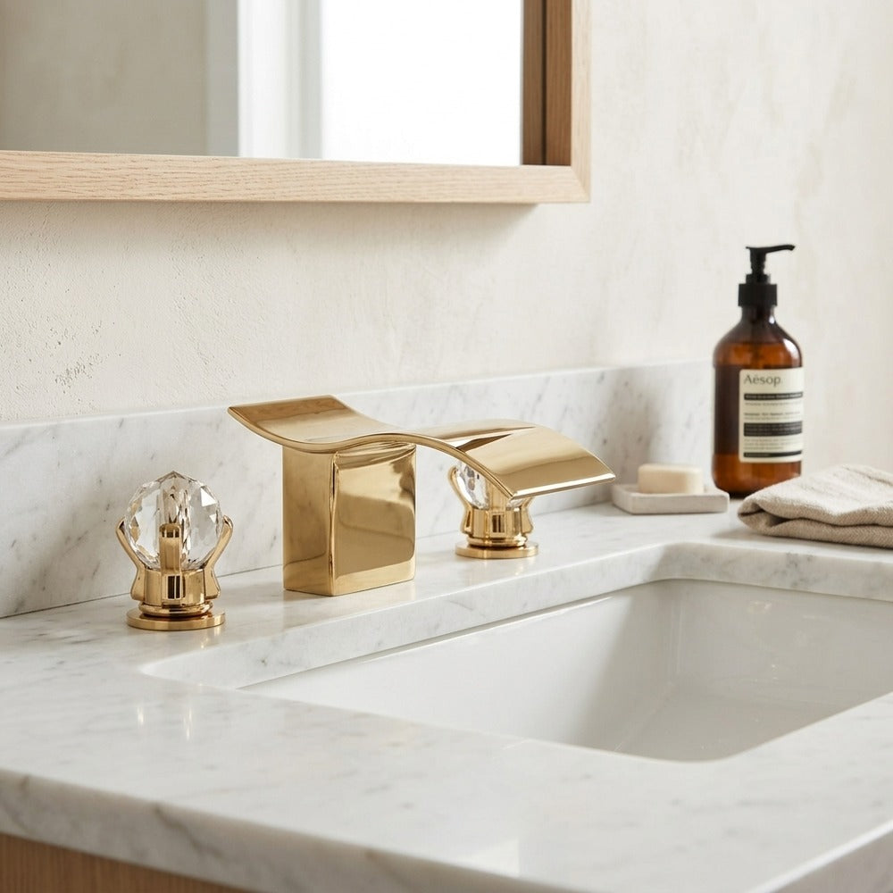 Lagomel waterfall widespread bathroom faucet, set in a Modern/Contemporary bathroom