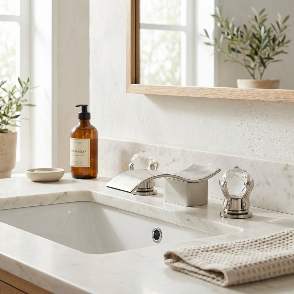 Lagomel waterfall widespread bathroom faucet, set in a Modern/Contemporary bathroom