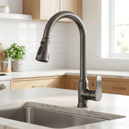 Lagomel single-handle pull-down kitchen faucet in chrome, gunmetal, matte black, set in a Modern/Minimalist kitchen