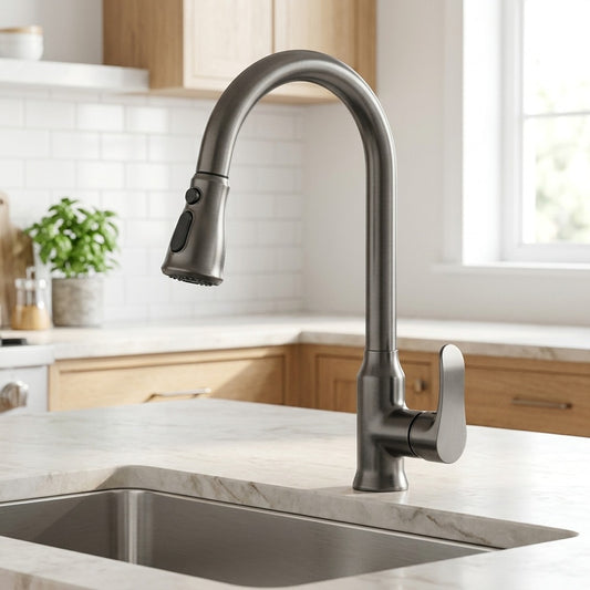 Lagomel single-handle pull-down kitchen faucet in chrome, gunmetal, matte black, set in a Modern/Minimalist kitchen