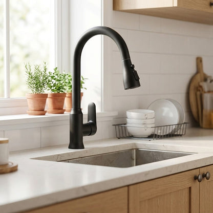 Lagomel single-handle pull-down kitchen faucet, set in a Modern/Contemporary kitchen