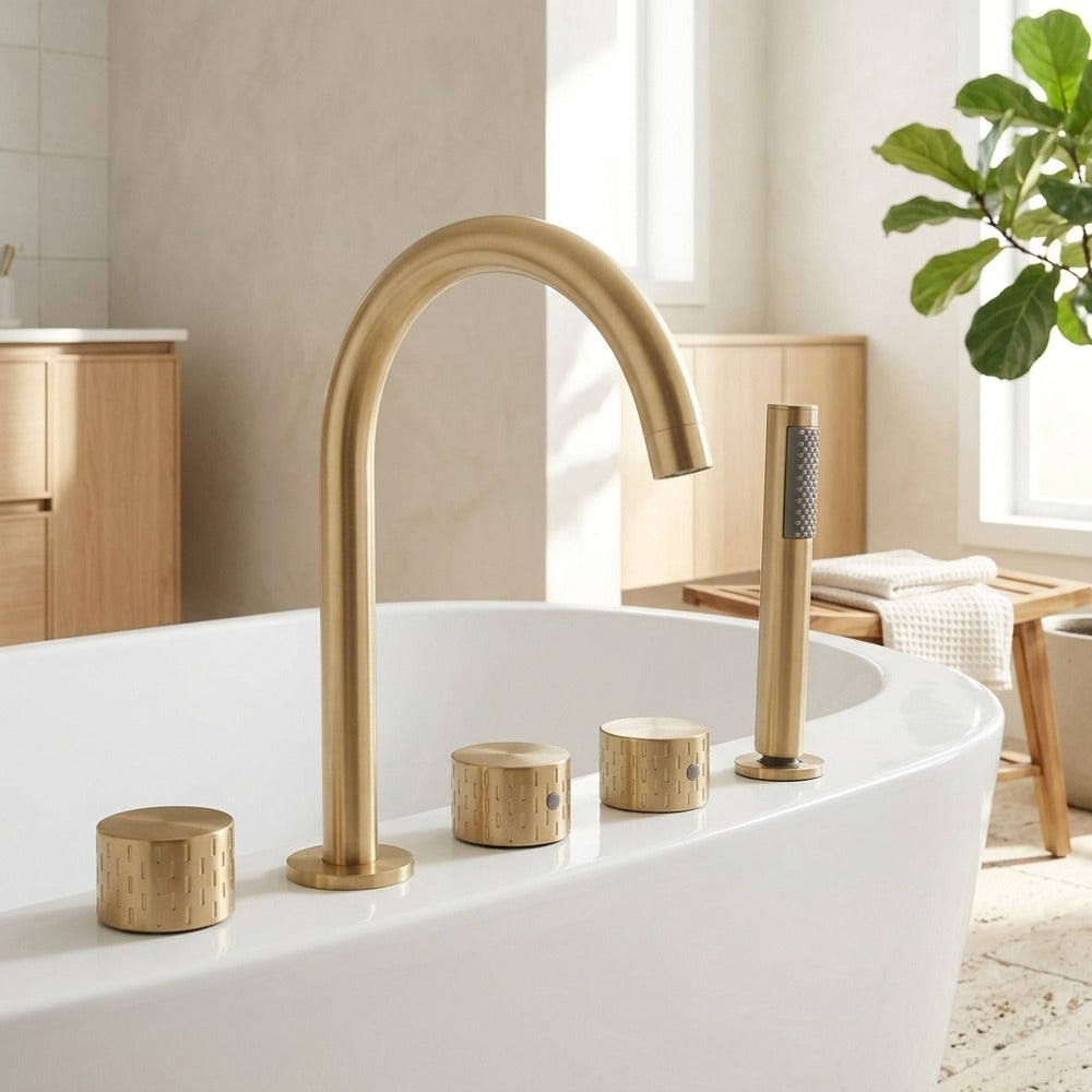Lagomel deck-mount tub filler in brushed gold, gunmetal, two-tone / mixed finish, chrome, set in a Contemporary/Modern bathroom