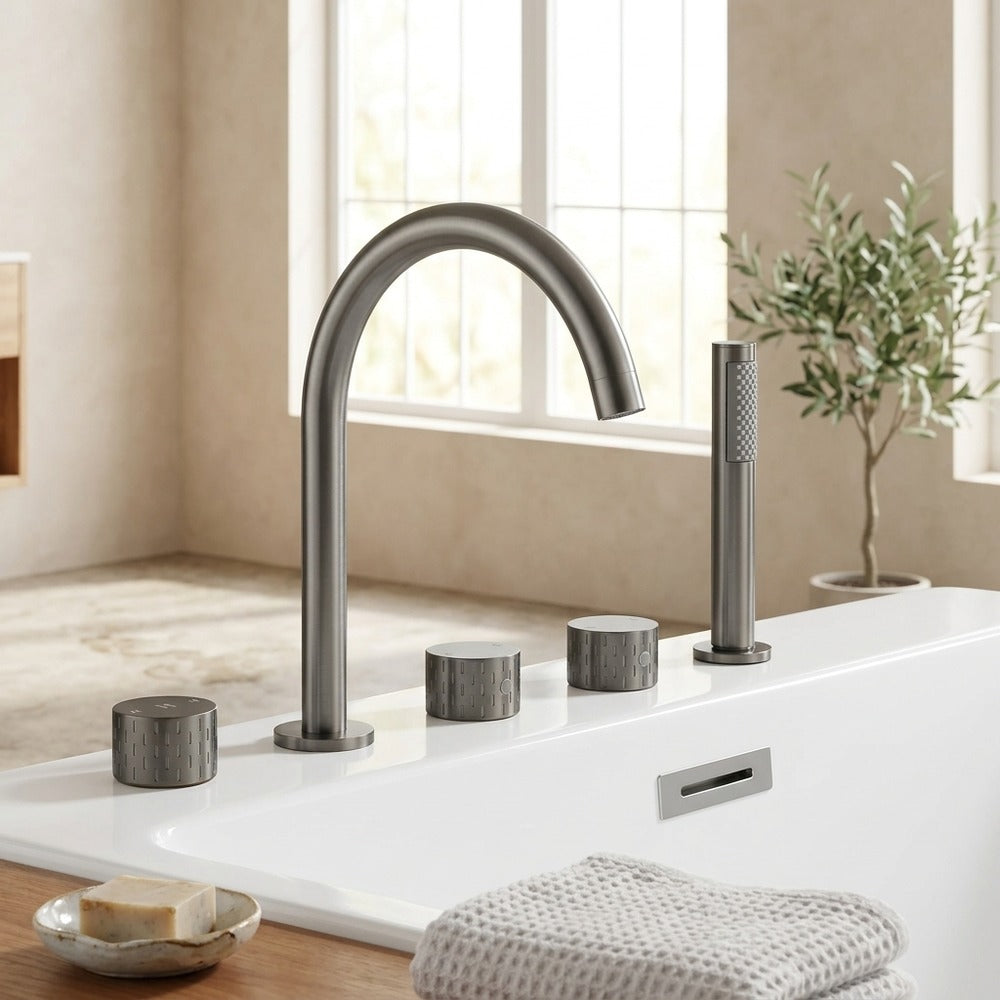 Lagomel deck-mount tub filler, set in a Vintage/Retro bathroom