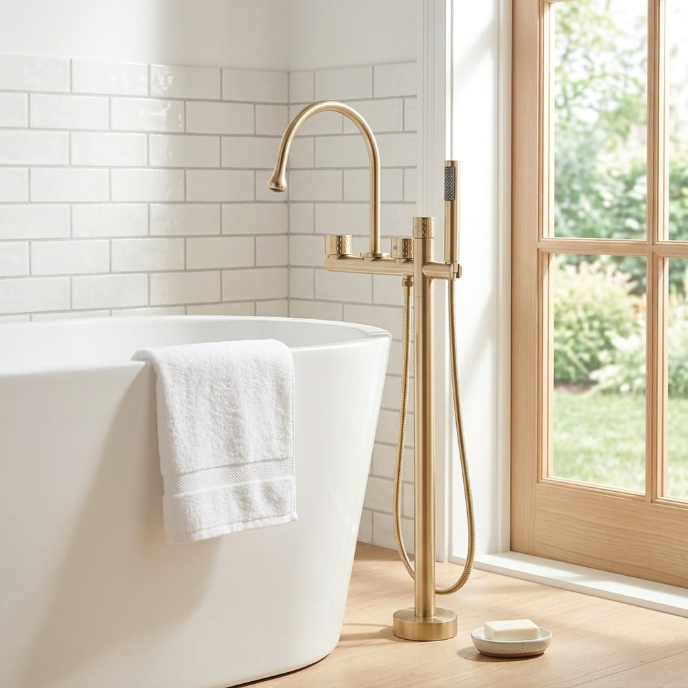 Lagomel deck-mount tub filler in brushed gold, gunmetal, two-tone / mixed finish, chrome, set in a Contemporary/Modern bathroom