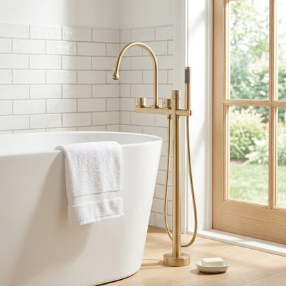 Lagomel deck-mount tub filler in brushed gold, gunmetal, two-tone / mixed finish, chrome, set in a Contemporary/Modern bathroom