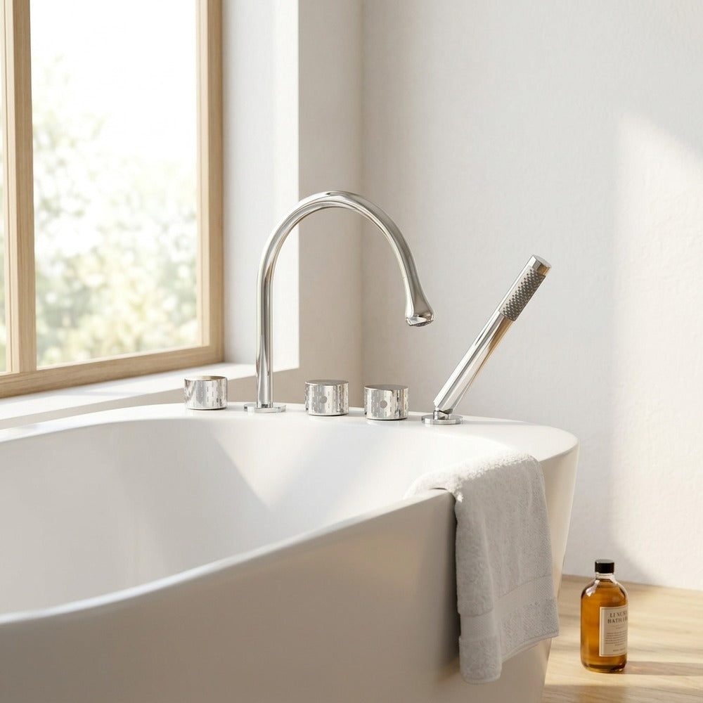 Lagomel deck-mount tub filler, set in a Vintage/Retro bathroom