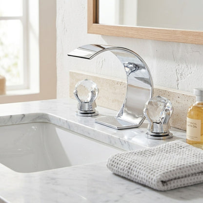 Lagomel waterfall widespread bathroom faucet in chrome, matte black, polished gold, brushed nickel, set in a Modern bathroom