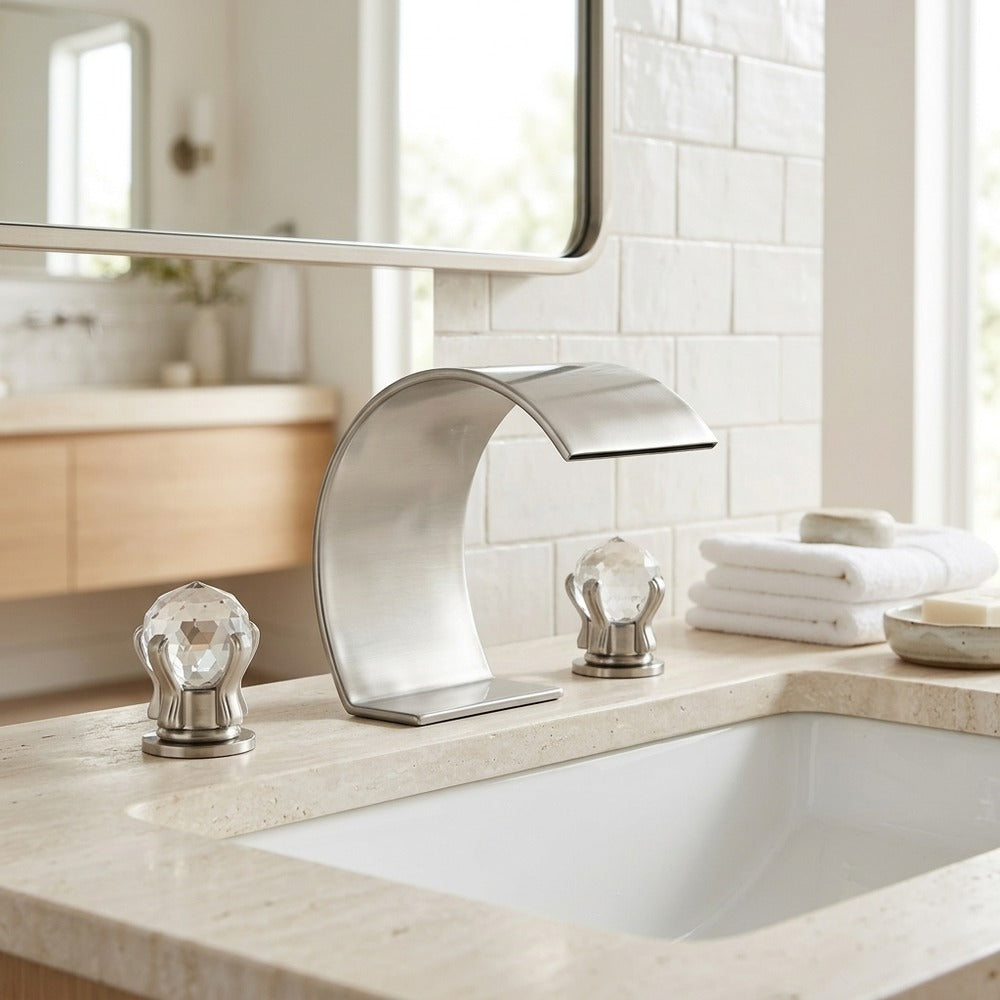 Lagomel waterfall widespread bathroom faucet, set in a Modern/Contemporary bathroom