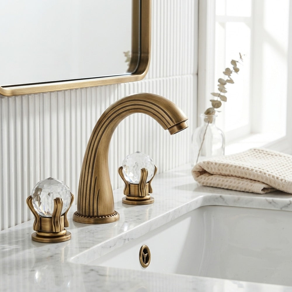 Lagomel double-handle widespread bathroom faucet in antique brass, brushed gold, chrome, matte black, rose gold, gunmetal,, set in a Modern/Contemporary bathroom