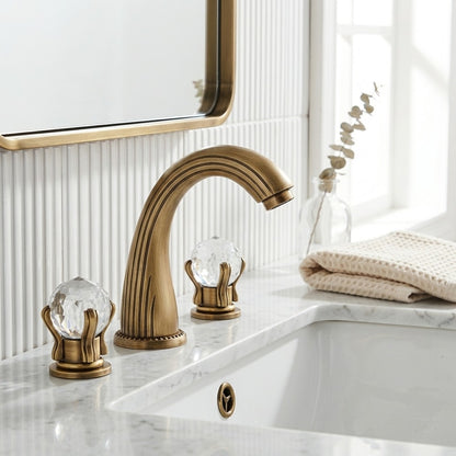 Lagomel double-handle widespread bathroom faucet in antique brass, brushed gold, chrome, matte black, rose gold, gunmetal,, set in a Modern/Contemporary bathroom