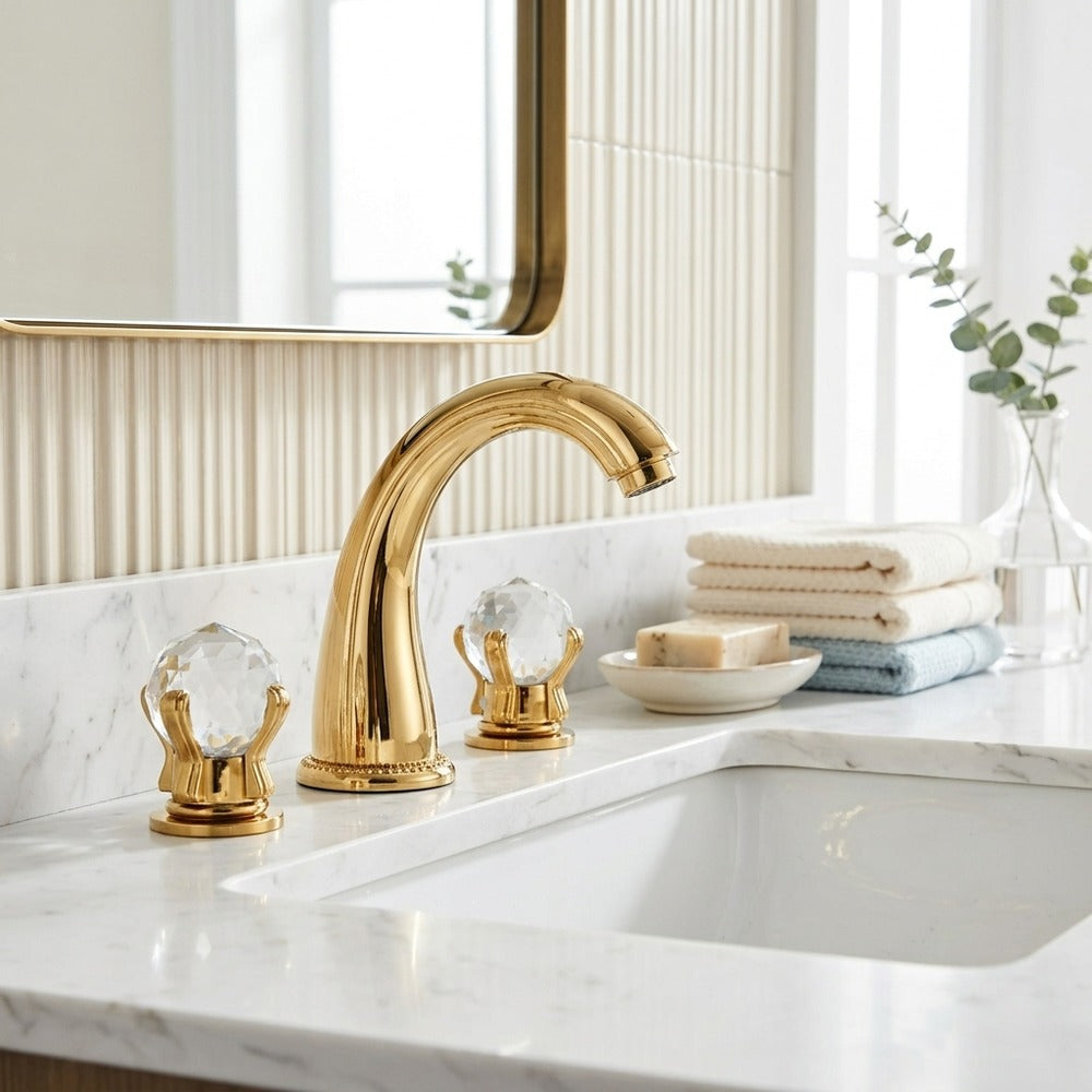 Lagomel double-handle widespread bathroom faucet, set in a Vintage/Retro/Traditional/Classic bathroom
