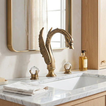 Lagomel double-handle widespread bathroom faucet in antique brass, polished gold, chrome, matte black, set in a Traditional/Classic/Vintage/Retro bathroom