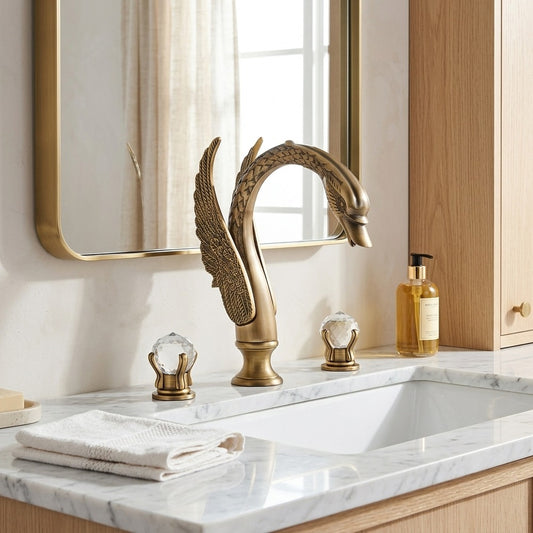 Lagomel double-handle widespread bathroom faucet in antique brass, polished gold, chrome, matte black, set in a Traditional/Classic/Vintage/Retro bathroom