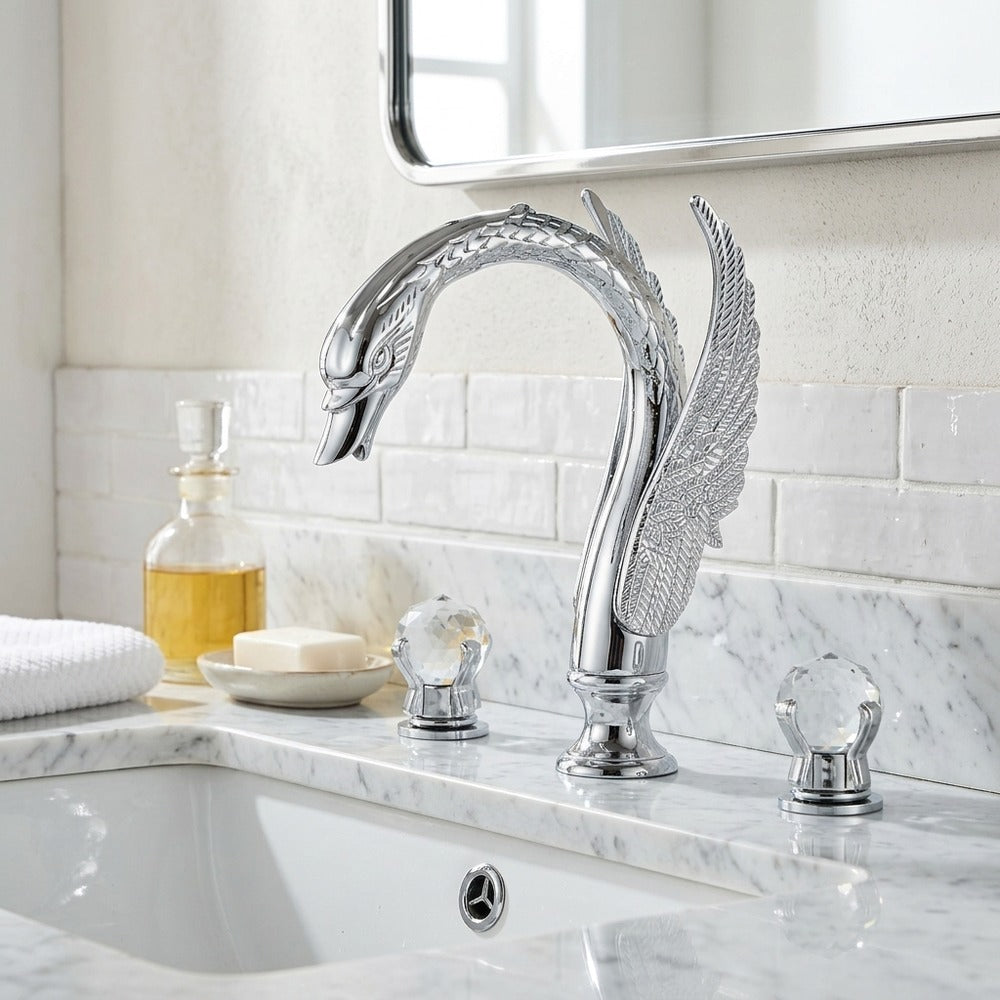 Lagomel double-handle widespread bathroom faucet, set in a Vintage/Retro/Traditional/Classic bathroom