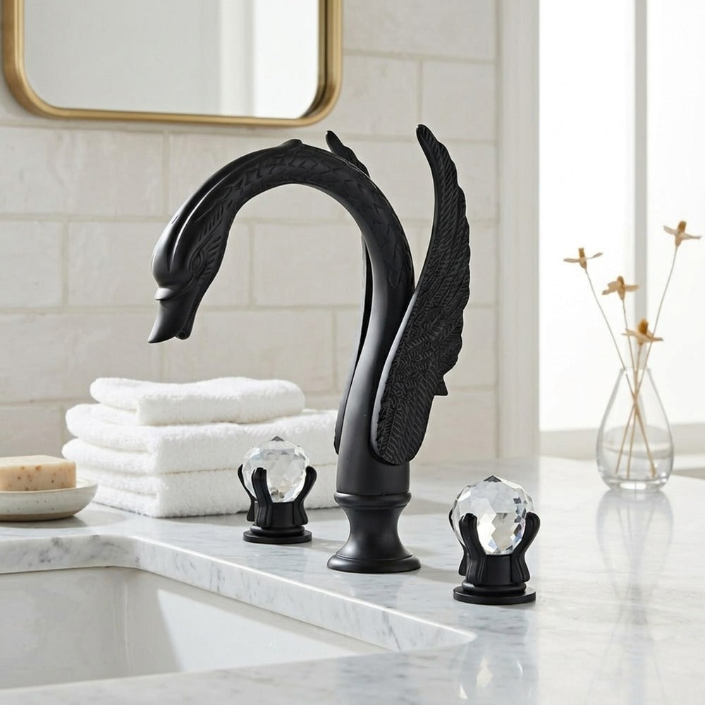 Lagomel double-handle widespread bathroom faucet, set in a Vintage/Retro/Traditional/Classic bathroom