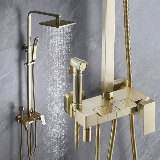 Lagomel wall-mounted single-handle tub and shower system in brushed gold, set in a Modern/Contemporary bathroom