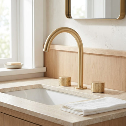 Lagomel widespread bathroom faucet in brushed gold, gunmetal, matte black, chrome, set in a Contemporary/Minimalist bathroom