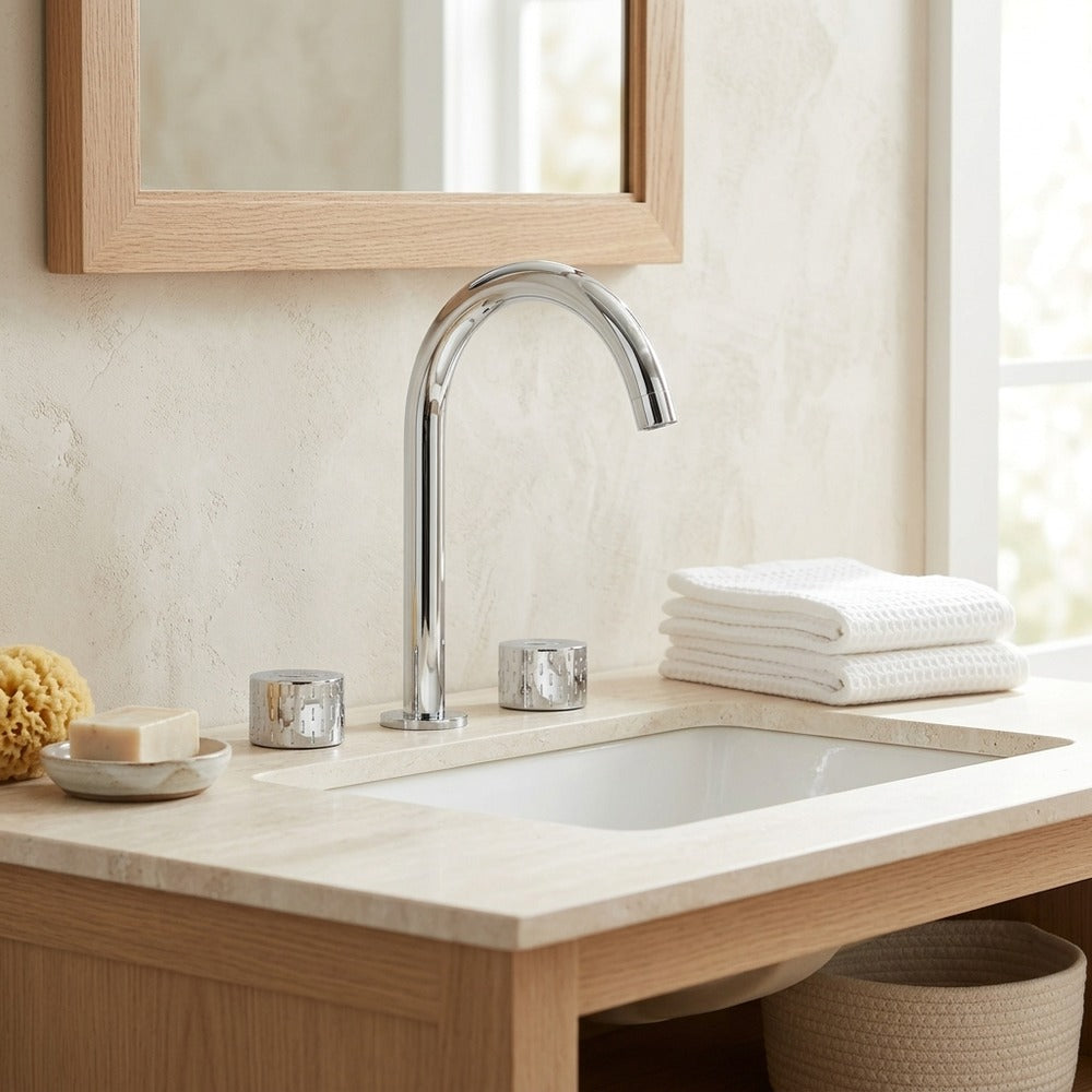 Lagomel widespread bathroom faucet, set in a Modern/Contemporary bathroom