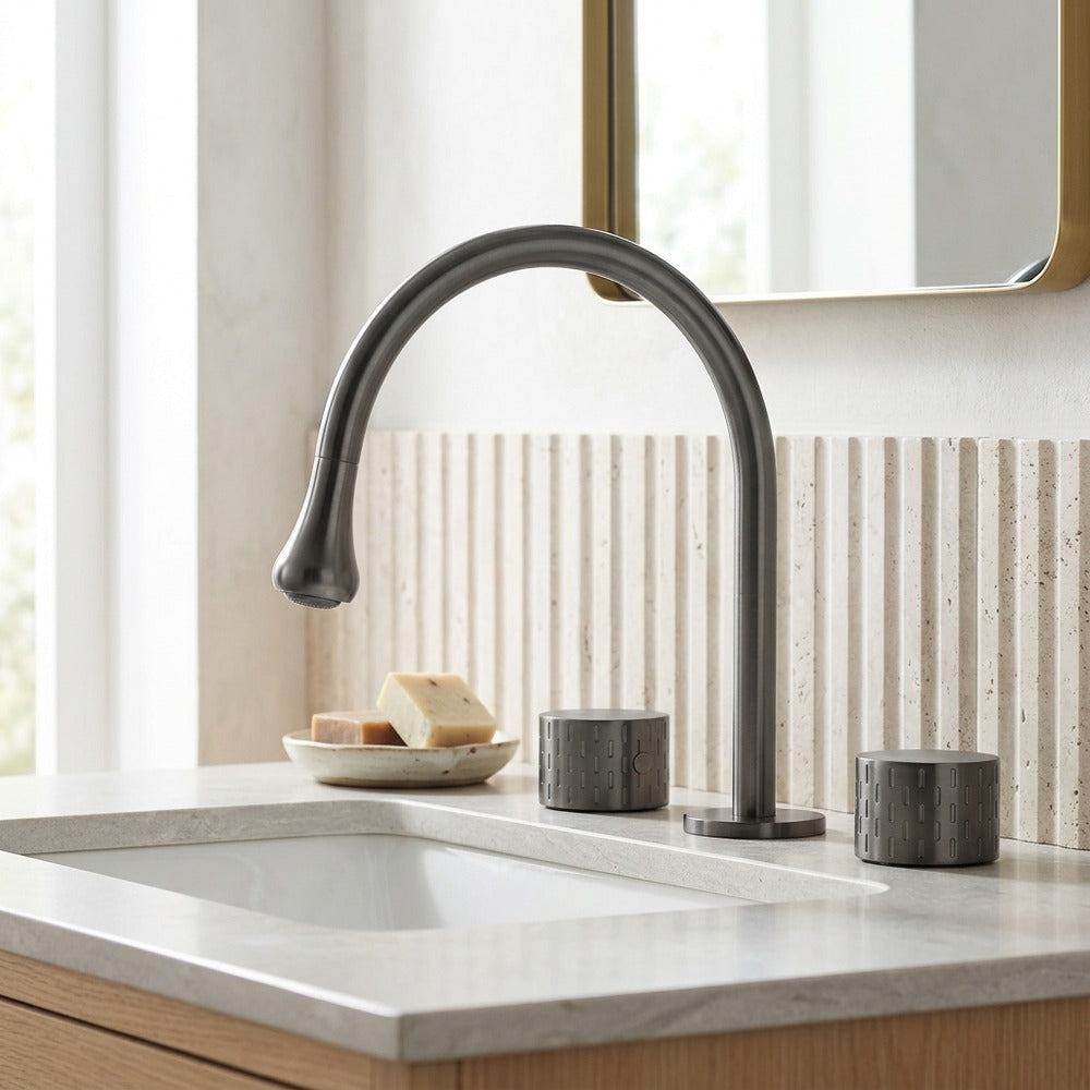 Lagomel widespread bathroom faucet in gunmetal, matte black, brushed gold, chrome, set in a Modern/Minimalist/Contemporary bathroom