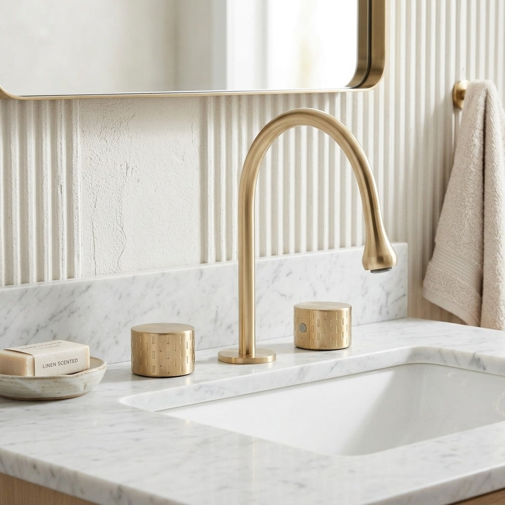 Lagomel widespread bathroom faucet, set in a Modern/Contemporary bathroom