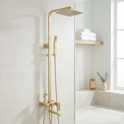 Lagomel wall-mounted tub and shower system in brushed gold, set in a Contemporary/Vintage/Retro bathroom