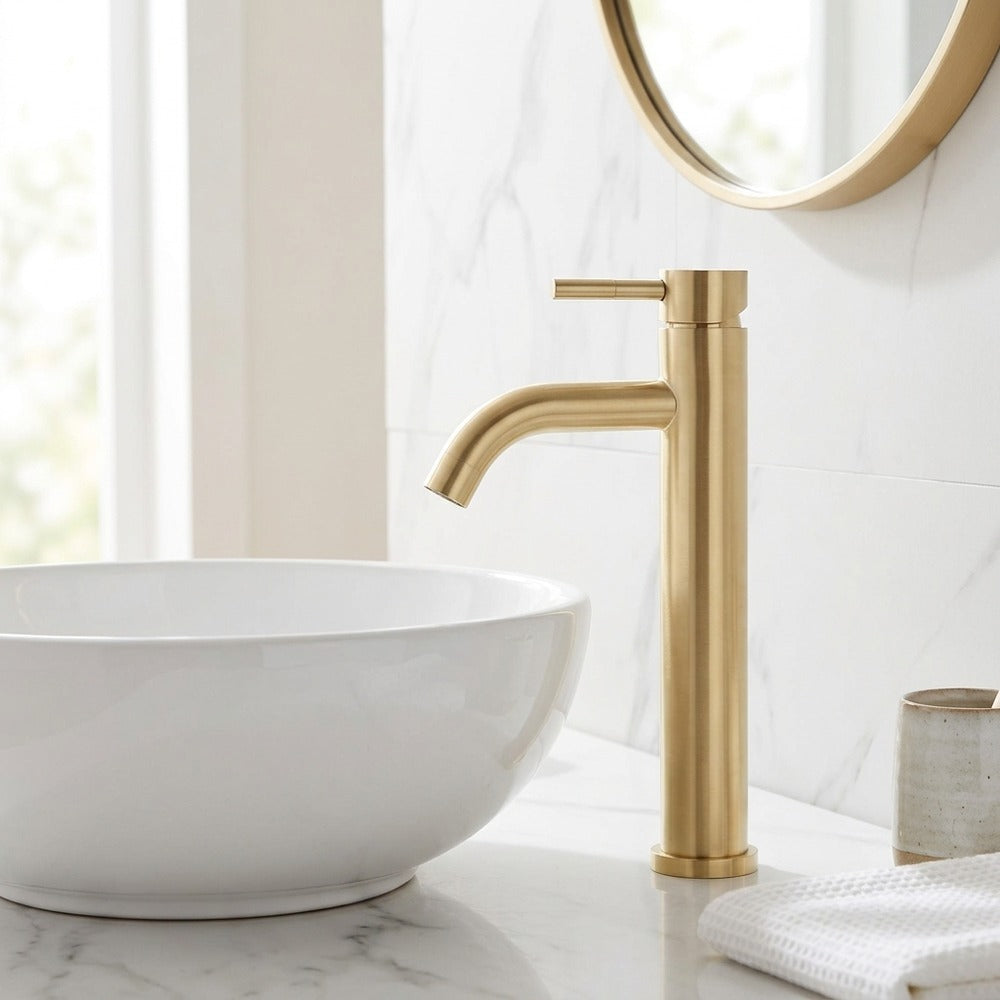 Lagomel waterfall single-hole bathroom faucet, set in a Modern/Minimalist bathroom