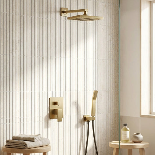 Lagomel wall-mounted single-handle complete shower system in brushed nickel, gunmetal, brushed gold, brushed brass, set in a Vintage/Retro/Modern/Contemporary bathroom