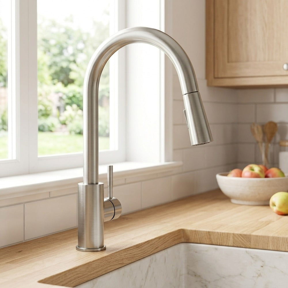 Lagomel single-handle pull-down kitchen faucet in brushed nickel, set in a Modern/Minimalist kitchen