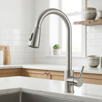 Lagomel single-handle pull-down kitchen faucet in stainless steel, brushed nickel, set in a Modern/Minimalist kitchen