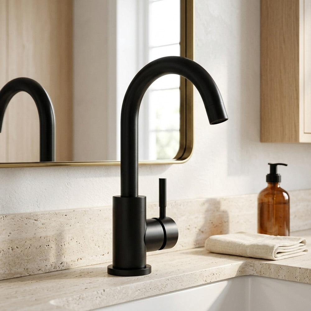 Lagomel single-hole bathroom faucet in matte black, brushed nickel, set in a Modern/Contemporary bathroom