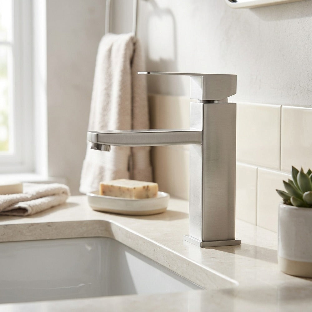 Lagomel single-hole bathroom faucet in brushed nickel, set in a Modern/Contemporary bathroom