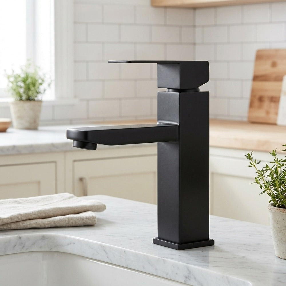 Lagomel single-hole bathroom faucet in brushed nickel, set in a Modern/Contemporary bathroom