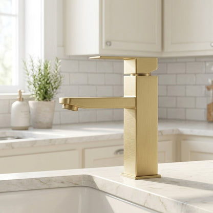 Lagomel single-hole bathroom faucet in brushed nickel, set in a Modern/Contemporary bathroom