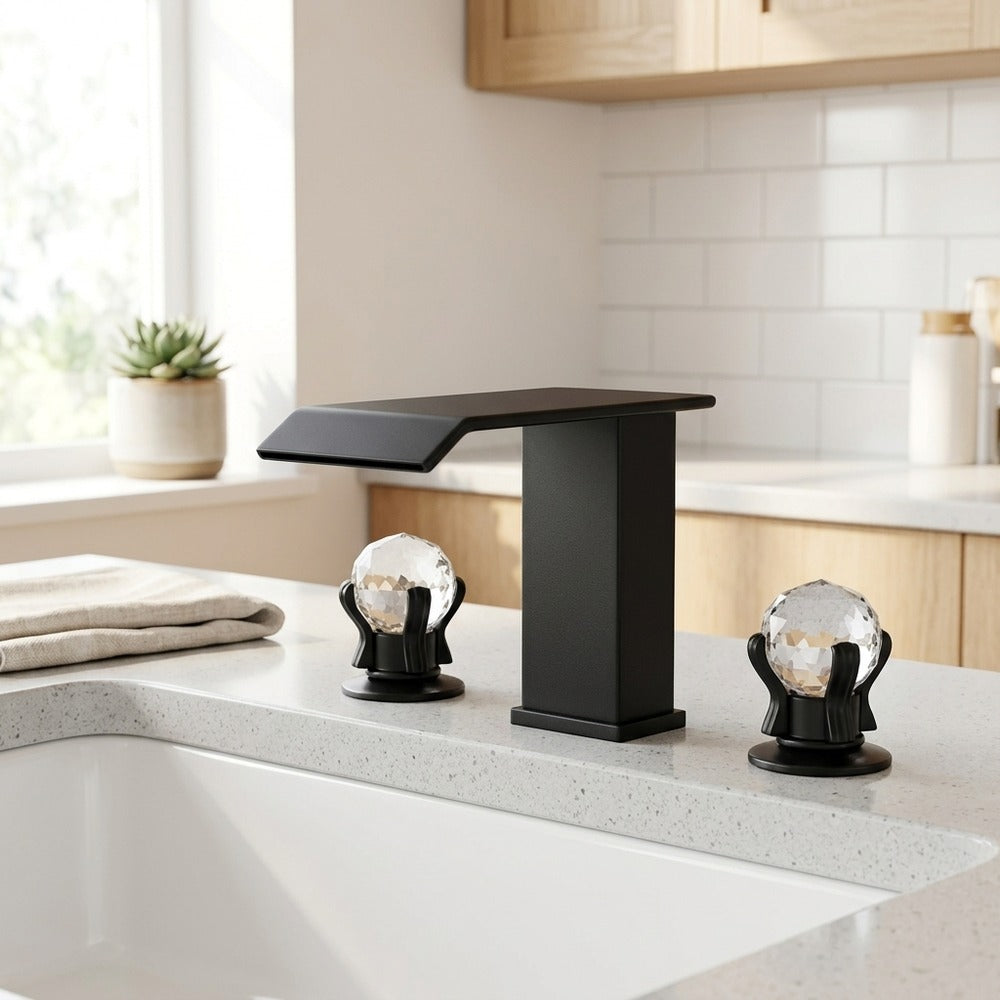 Lagomel waterfall widespread bathroom faucet in matte black, chrome, set in a Modern/Contemporary bathroom