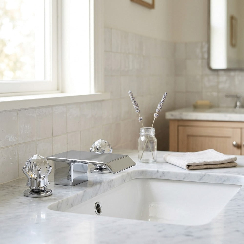 Lagomel waterfall widespread bathroom faucet, set in a Modern/Contemporary bathroom