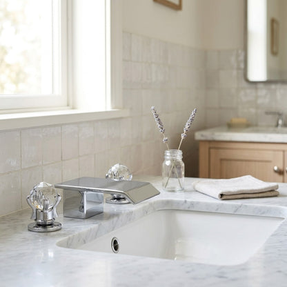 Lagomel waterfall widespread bathroom faucet, set in a Modern/Contemporary bathroom