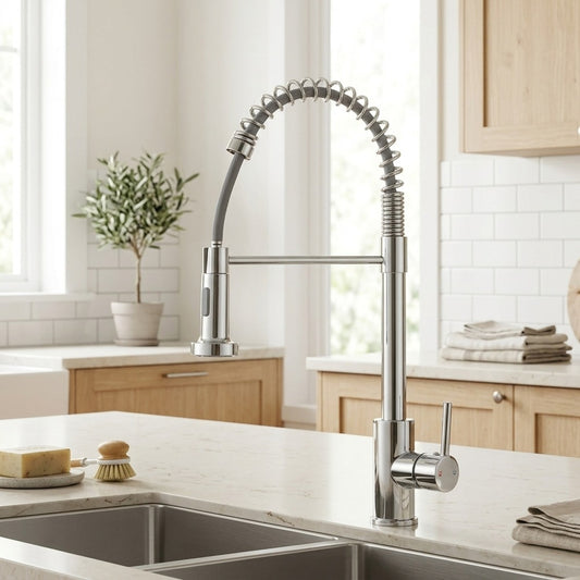 Lagomel pull-down single-handle pre-rinse kitchen faucet in chrome, brushed nickel, set in a Modern/Contemporary kitchen