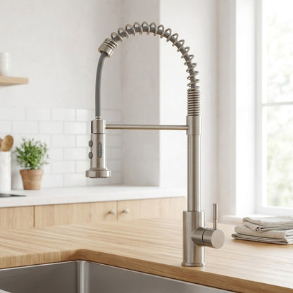 Lagomel pull-down single-handle pre-rinse kitchen faucet, set in a Modern/Contemporary kitchen