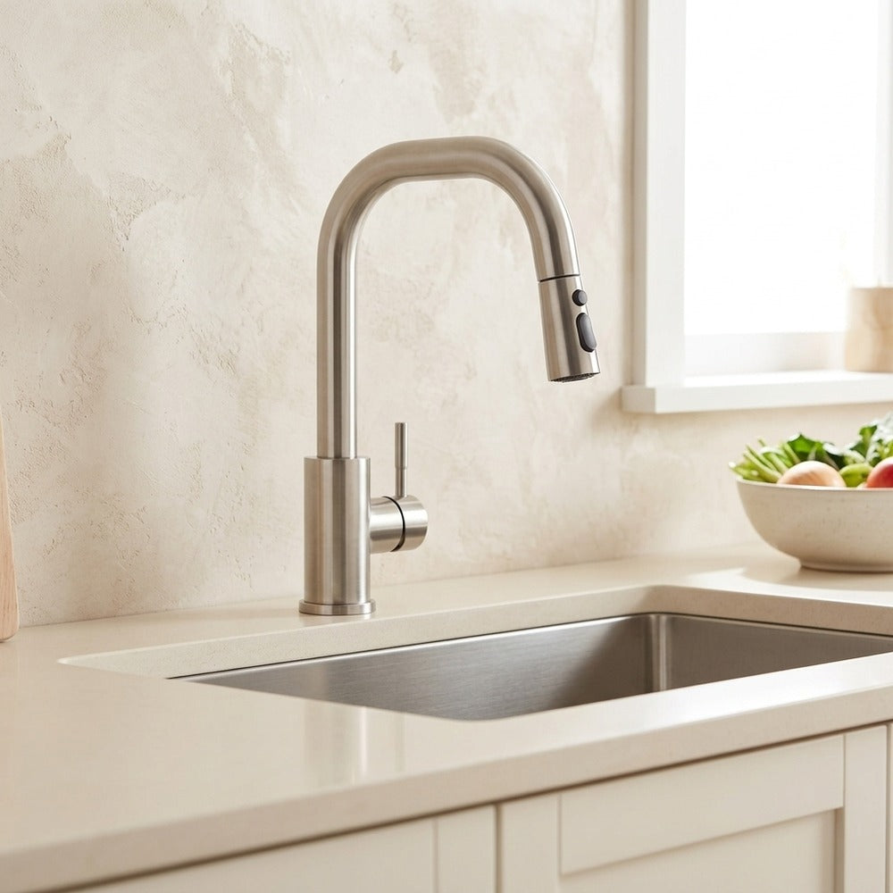 Lagomel single-hole single-handle pull-down kitchen faucet in brushed nickel, set in a Modern/Minimalist kitchen