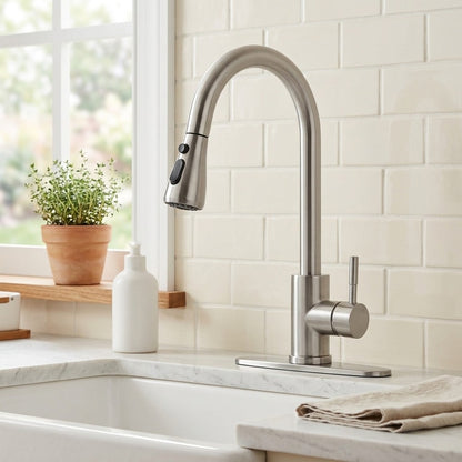 Lagomel single-handle pull-down kitchen faucet in brushed nickel, matte black, set in a Modern/Contemporary kitchen
