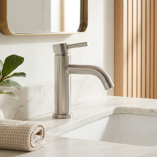 Lagomel single-hole bathroom faucet in brushed nickel, set in a Modern/Contemporary bathroom