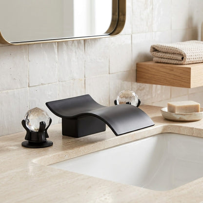 Lagomel waterfall widespread bathroom faucet in matte black, chrome, set in a Modern/Contemporary bathroom