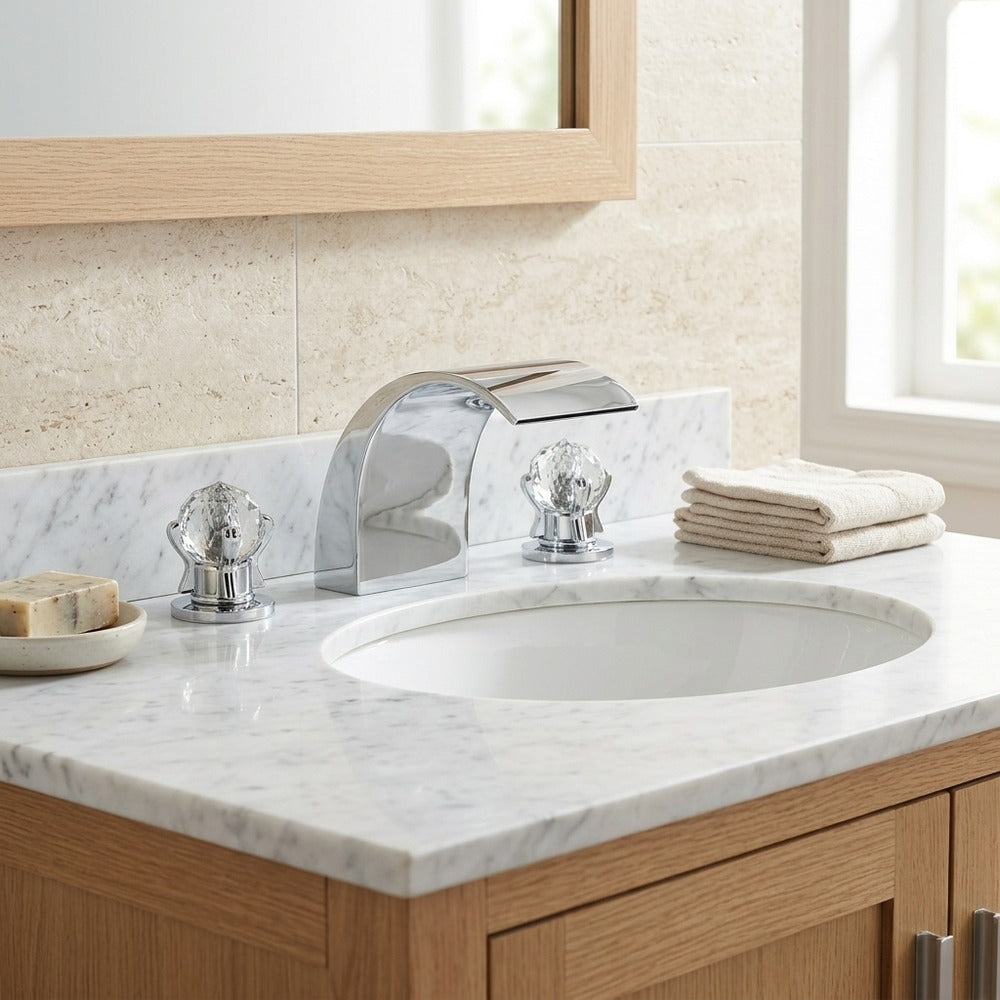 Lagomel waterfall widespread bathroom faucet, set in a Modern/Contemporary bathroom