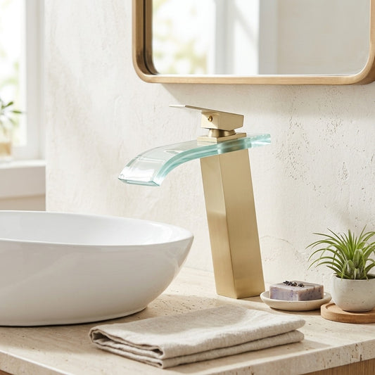 Lagomel single-hole waterfall vessel sink faucet in brushed gold, chrome, matte black, brushed nickel, set in a Modern/Contemporary bathroom