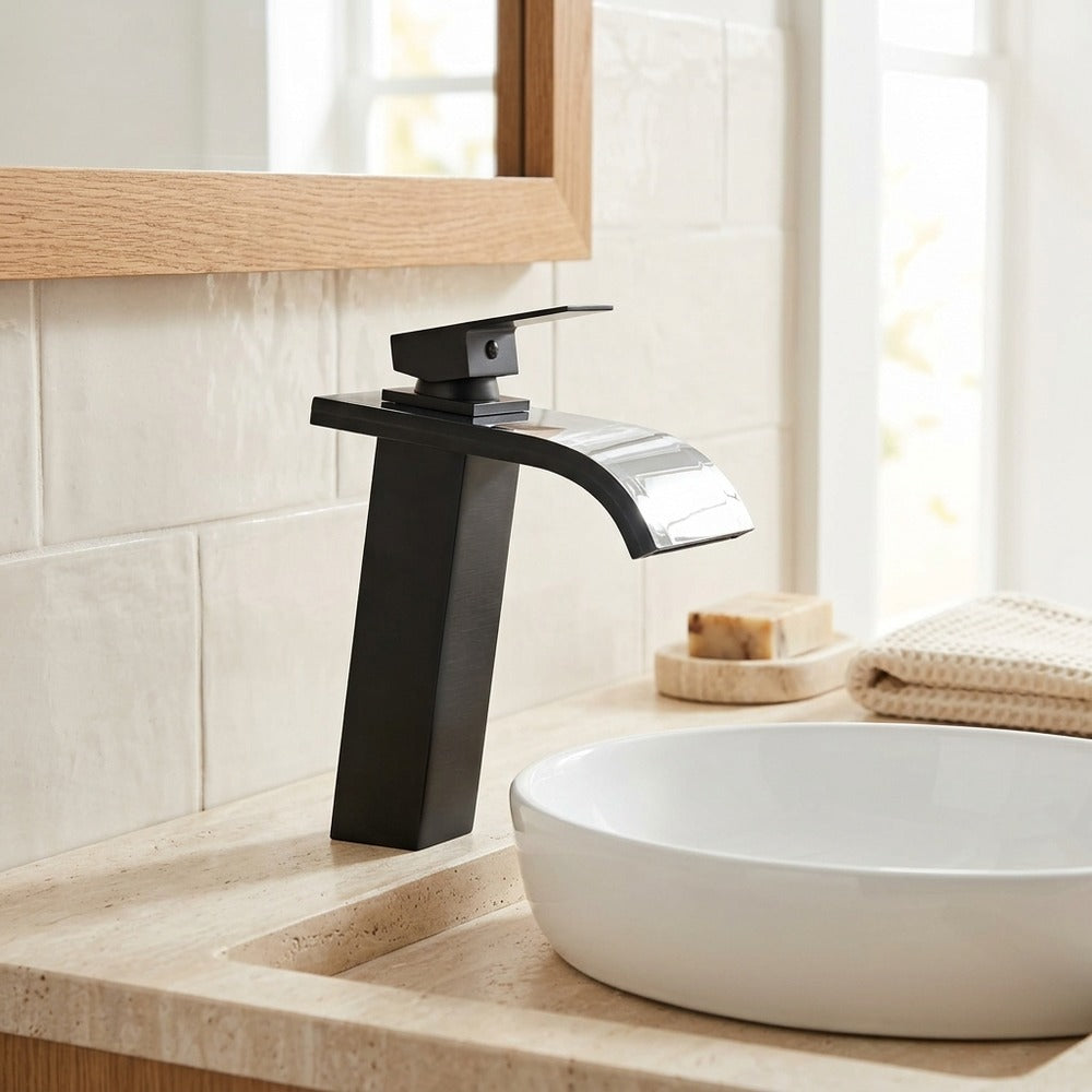 Lagomel single-hole waterfall vessel sink faucet, set in a Modern/Contemporary bathroom