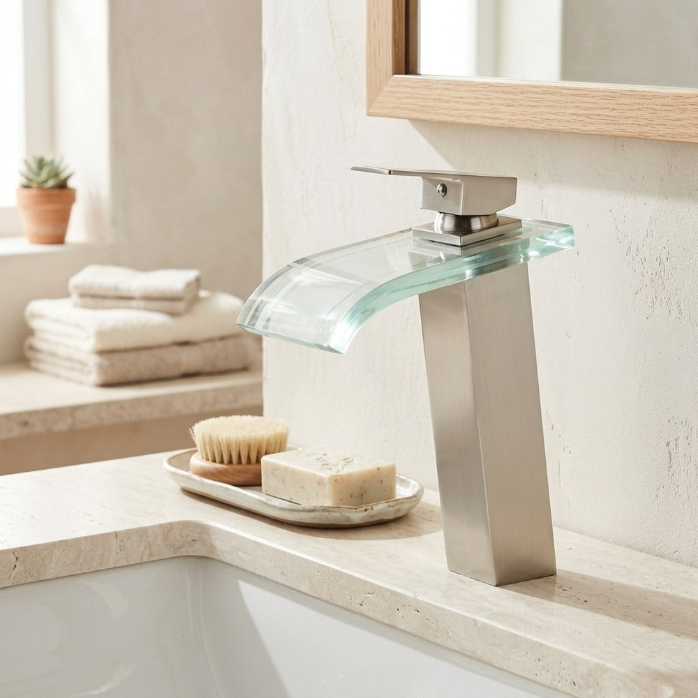 Lagomel single-hole waterfall vessel sink faucet, set in a Modern/Contemporary bathroom
