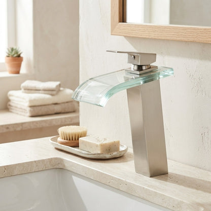 Lagomel single-hole waterfall vessel sink faucet, set in a Modern/Contemporary bathroom