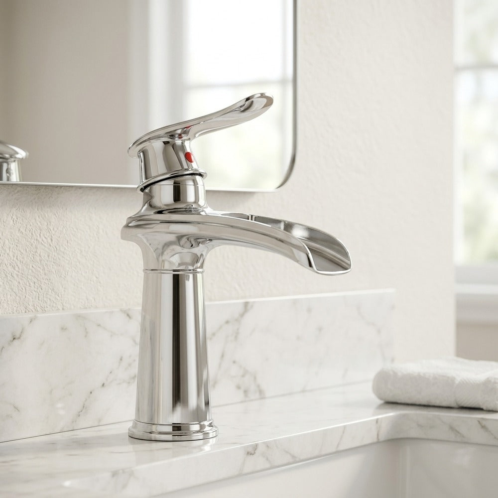 Lagomel waterfall single-hole bathroom faucet in antique brass, brushed nickel, chrome, matte black, pvd, set in a Vintage/Retro bathroom